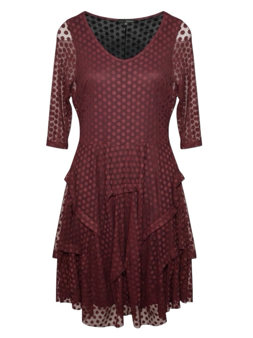 Kozan Layered Ruffle Burgundy Polka Dot Mesh 3/4 Sleeve Dress Size XL